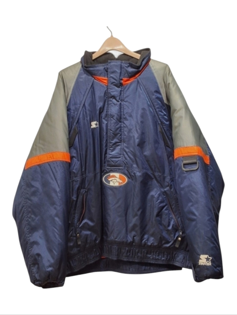 Pro Line NFL~VTG Denver Broncos Puffer Pullover Jacket~1/4 Zip~Navy Orange~XL